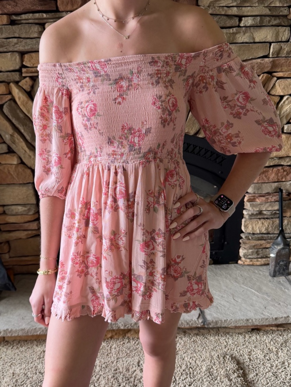 Pink Floral Off-Shoulder Smocked Romper